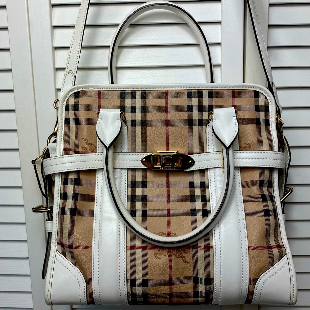 VTG Burberry Minford Satchel Haymarket Coated Canvas White Leather Gold Hardware - Picture 2 of 16